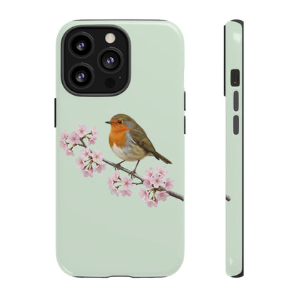 Rotkehlchen Handyhülle in Salbeigrün | Florales Kirschblüten Vogel-Motiv für iPhone & Google Pixel