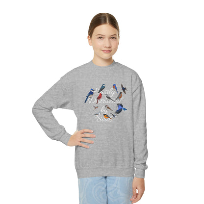 Easily Distracted by Birds Blue Jay Hummingbird Bluebird Cardinal Nuthatch Bird Birdwatching Youth Crewneck Sweatshirt