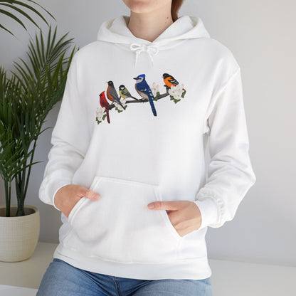 Backyard Birds on a Branch Blue Jay Cardinal Robin Chickadee Oriole Birdwatcher Hoodie