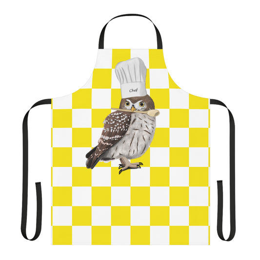 Little Owl Kitchen Chef Bird Art Apron Yellow and White Checkered