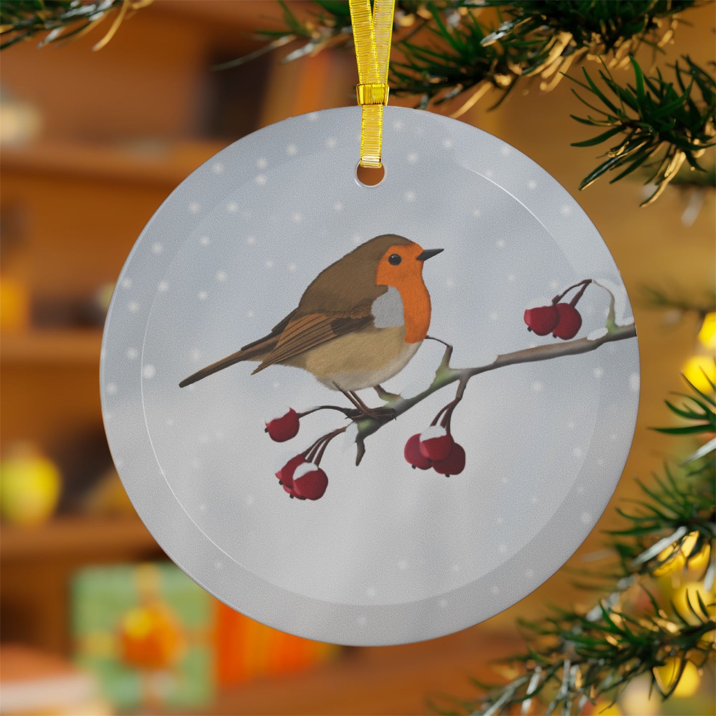 European Robin Snow Bird Christmas Glass Ornament White