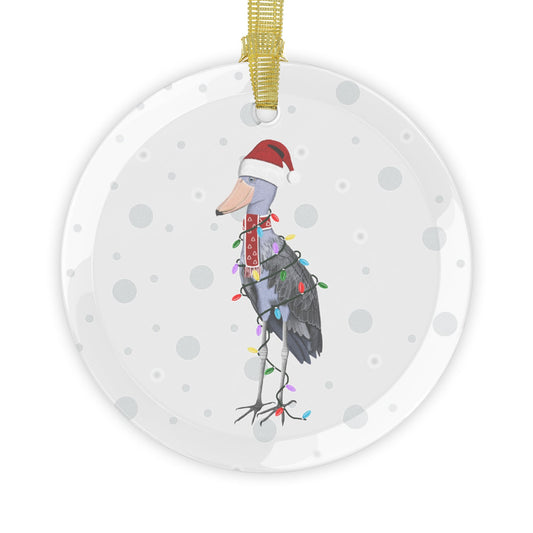 Shoebill as Santa Claus with Fairy Lights Christmas Glass Ornament