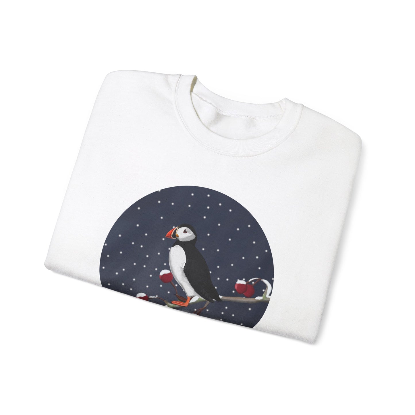 Puffin on a Winter Branch Birdwatcher Christmas Bird Sweatshirt