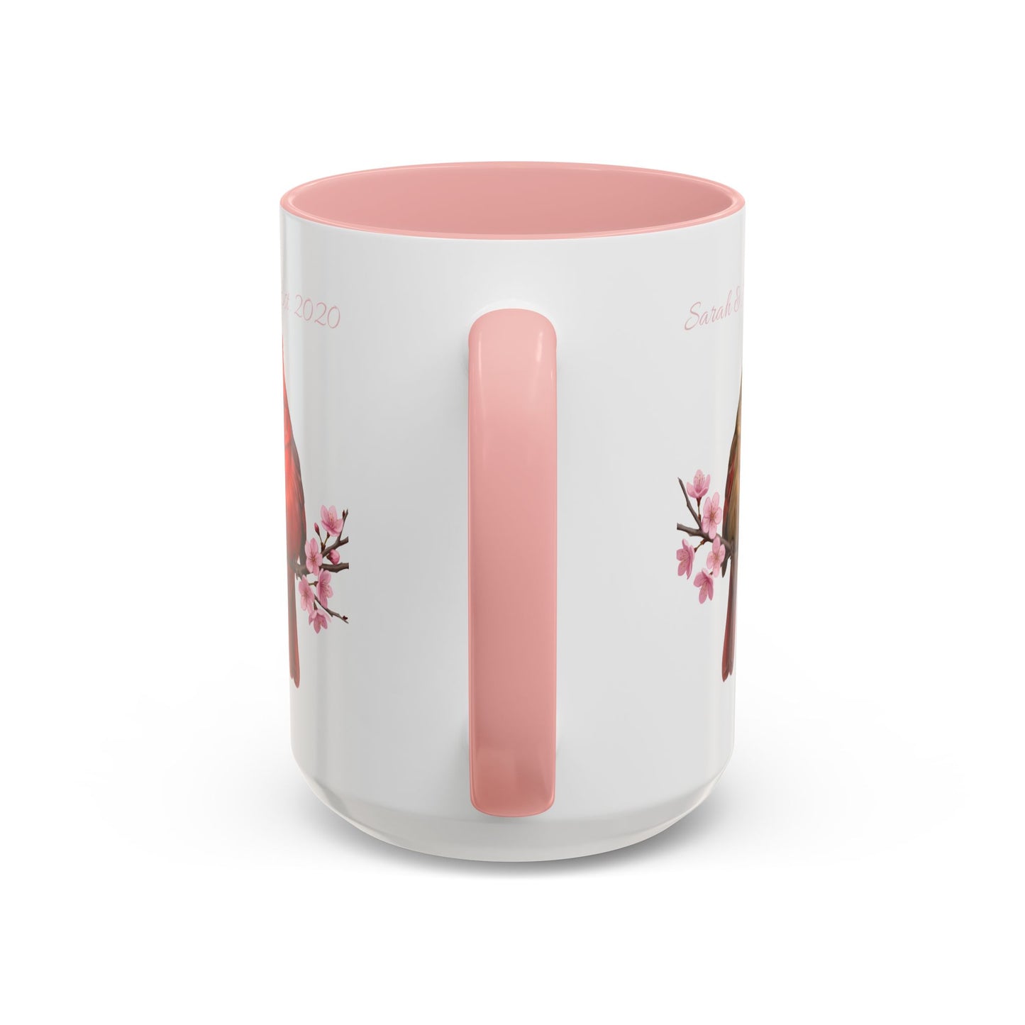 Personalized Cardinal Couple Mug – Cherry Blossom Design with Custom Names (Pink Accent)