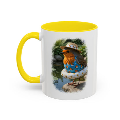 Rosi Rotkehlchen am Gartenteich Keramiktasse – Kaffeebecher mit farbigem Henkel