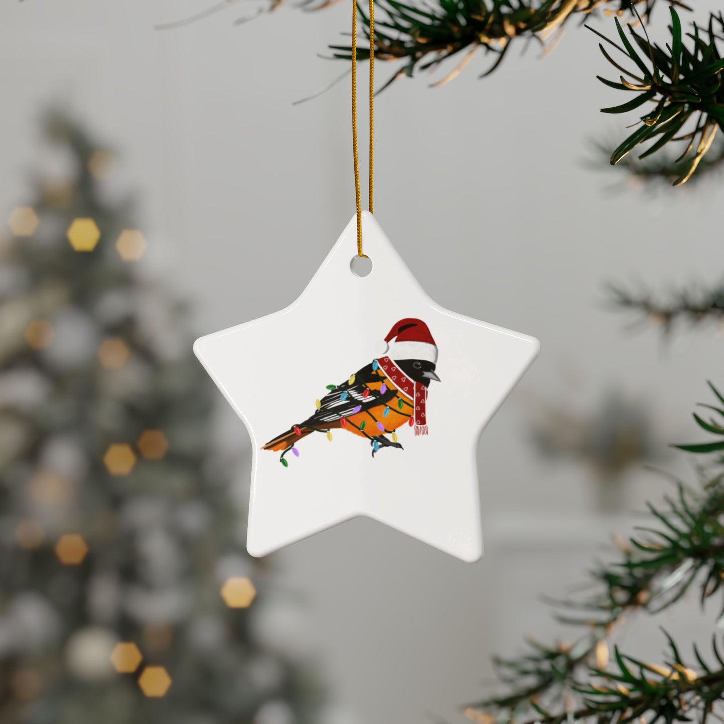 Baltimore Oriole as Santa Ceramic Bird Christmas Ornament | Durable Double-Sided Bird Lover Decor