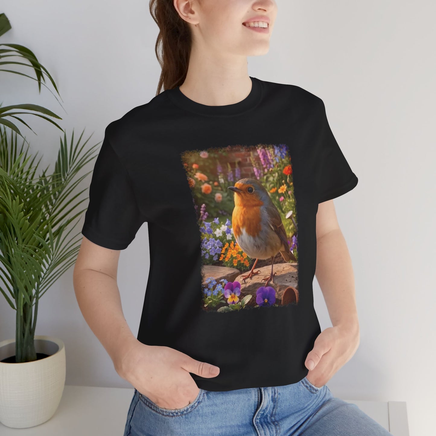 Robin Rosi in the Flower Bed T-Shirt - Cozy Backyard Birding Apparel