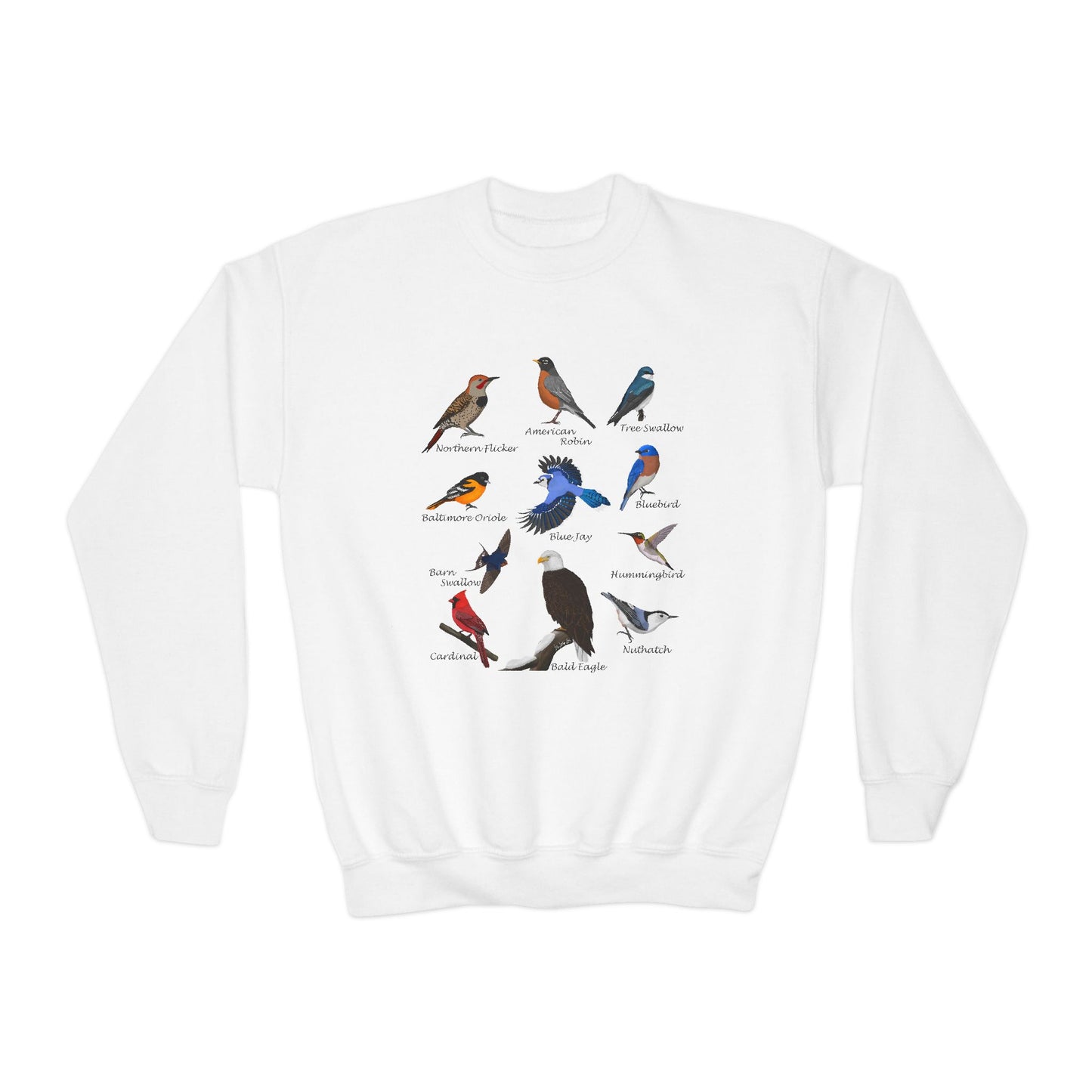 Bald Eagle Blue Jay Bluebird Robin Cardinal Hummingbird Bird Birdwatching Youth Crewneck Sweatshirt