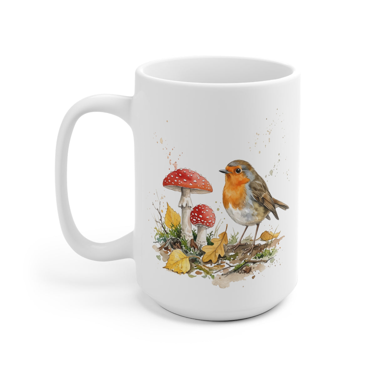 Rotkehlchen Herbst-Tasse – Gemütlicher Kaffeebecher mit Laub & Fliegenpilzen
