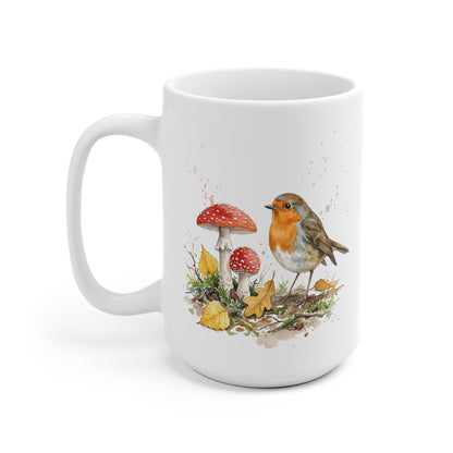 Rotkehlchen Herbst-Tasse – Gemütlicher Kaffeebecher mit Laub & Fliegenpilzen