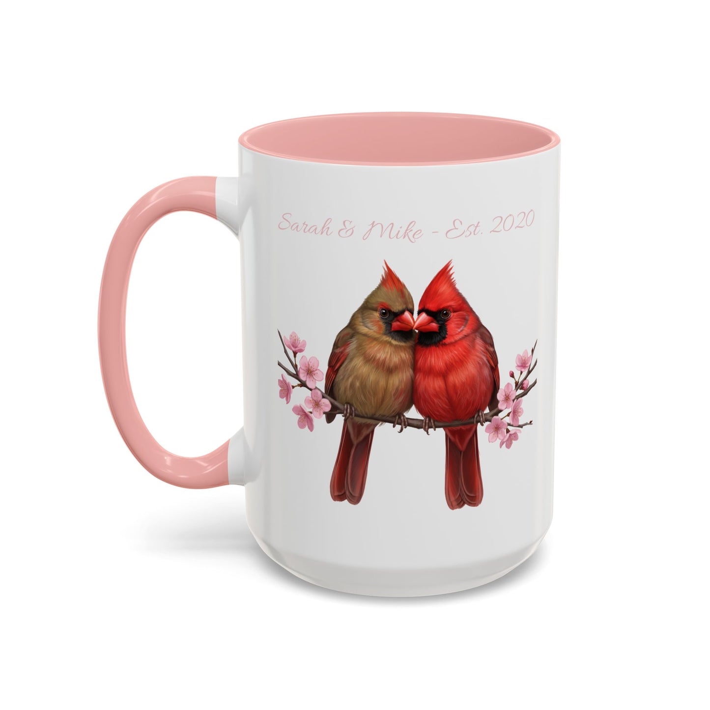 Personalized Cardinal Couple Mug – Cherry Blossom Design with Custom Names (Pink Accent)