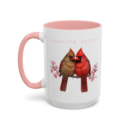 Personalized Cardinal Couple Mug – Cherry Blossom Design with Custom Names (Pink Accent)