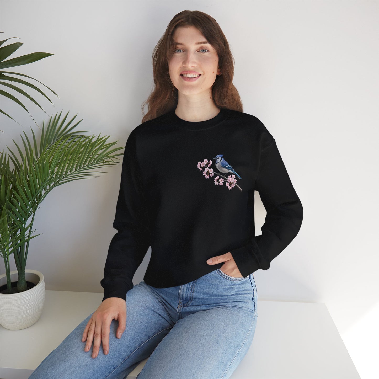 Blue Jay Cherry Blossom Sweatshirt | Floral Bird Crewneck | Cozy Spring Pullover