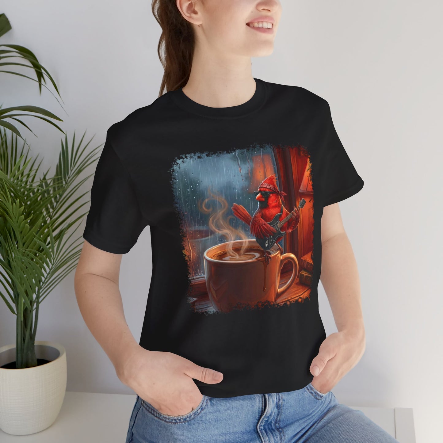 Vintage Lo-Fi Coffee & Rain Graphic Tee – Cardinal with Guitar Musician Shirt
