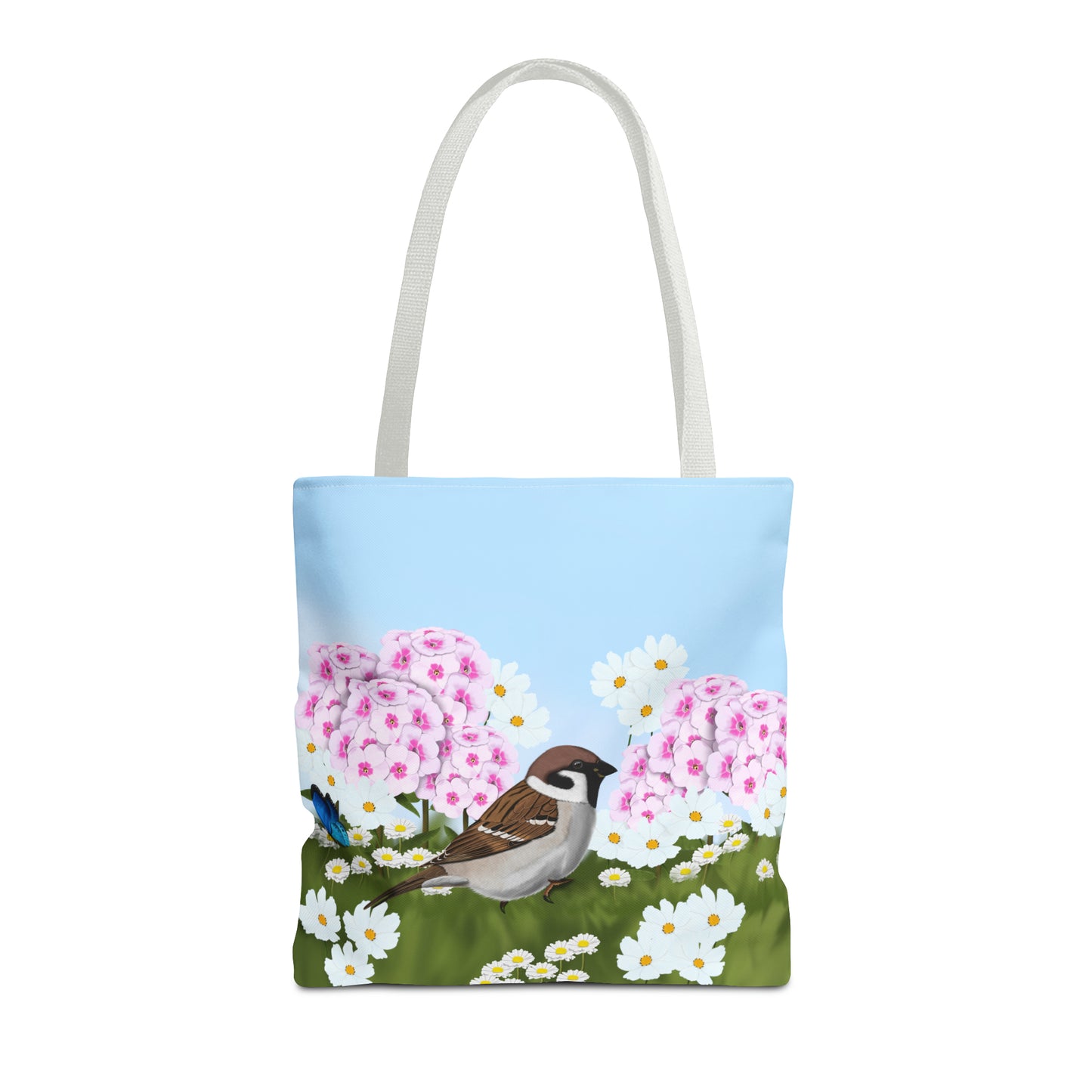 Tree Sparrow in Summer Flowers Bird Tote Bag 16"x16"