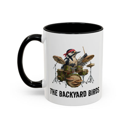 Woodbarker Drummer Mug – Funny Woodpecker Bird Gift – Heavy Metal Drumming Cup – Percussionist & Nature Lover Present