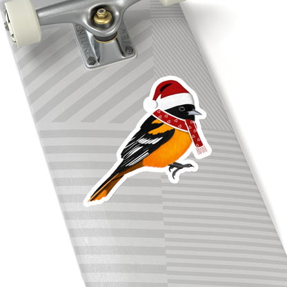 Baltimore Oriole with Santa Claus Hat and Scarf Christmas Bird Sticker