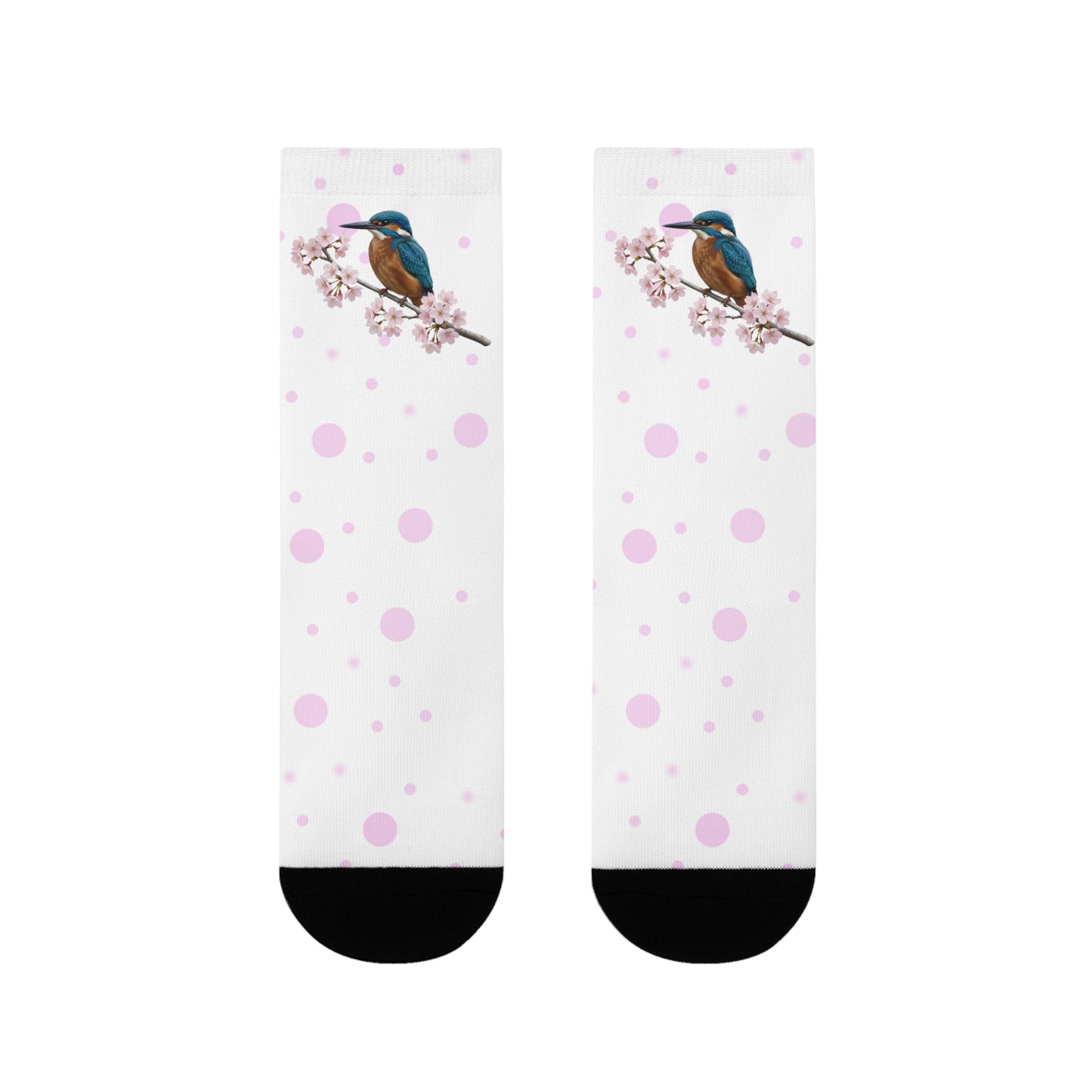 Eisvogel Socken mit Kirschblüten | Weiß Rosa gepunktete Vogelmotiv Strümpfe