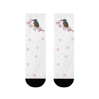 Eisvogel Socken mit Kirschblüten | Weiß Rosa gepunktete Vogelmotiv Strümpfe