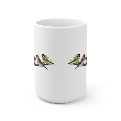 Vögel auf einem Ast Tasse Amsel Rotkehlchen Blaumeise Zaunkönig Spatz Kohlmeise Weiß