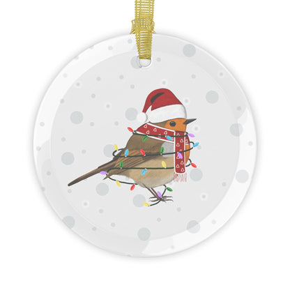 European Robin as Santa Claus with Fairy Lights Christmas Glass Ornament