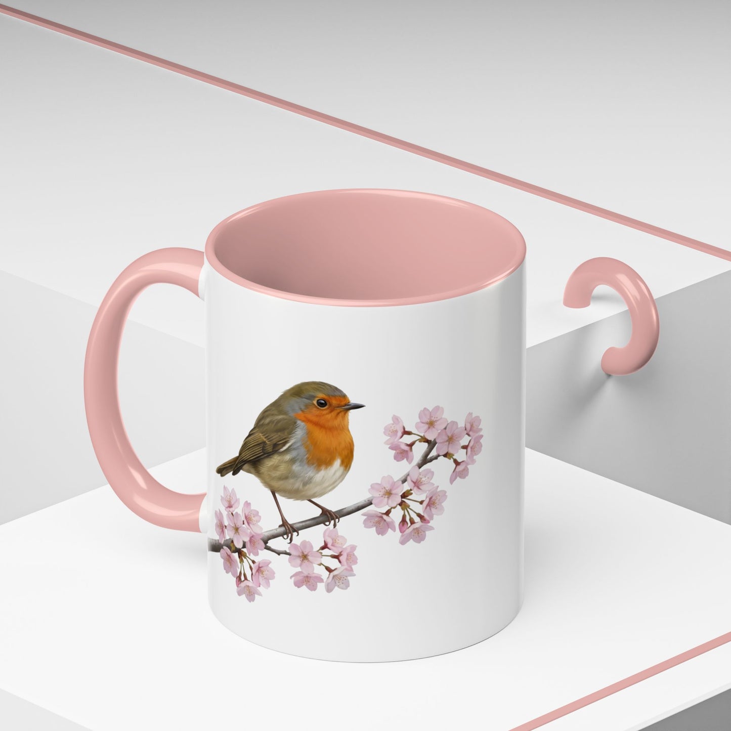 Rotkehlchen Tasse mit Kirschblüten | Rosa Keramiktasse für Vogelfreunde