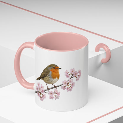 Rotkehlchen Tasse mit Kirschblüten | Rosa Keramiktasse für Vogelfreunde
