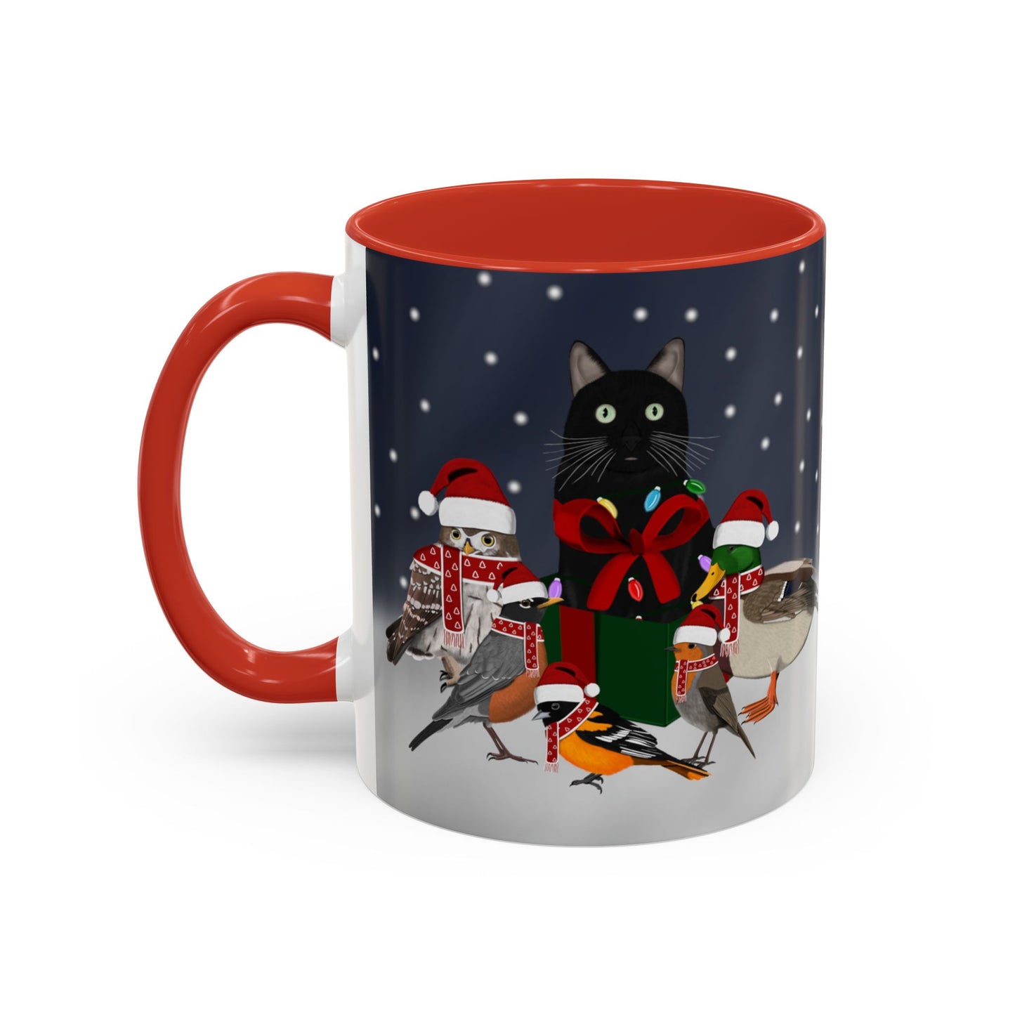 Robin Oriole Mallard Owl and Cat with Christmas Hat and Scarf Snow Bird Coffee Mug