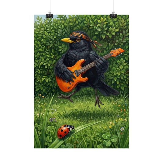 Blacky Amsel mit Gitarre Wandbild - Kinderzimmer Poster Rockstar Vogel | Coole Kinderzimmer Deko Tiere & Musik