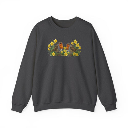 Rotkehlchen Oster-Sweatshirt Frühlingswiese – Singvögel in Osterglocken | Unisex Pullover