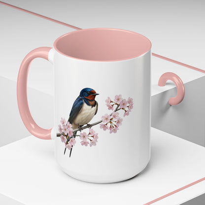 Barn Swallow Cherry Blossom Mug | Pink Ceramic Coffee Cup for Bird Lovers