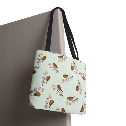 Rotkehlchen & Kirschblüten Tragetasche in Salbeigrün | Stofftasche & Geschenk für Vogelbeobachter
