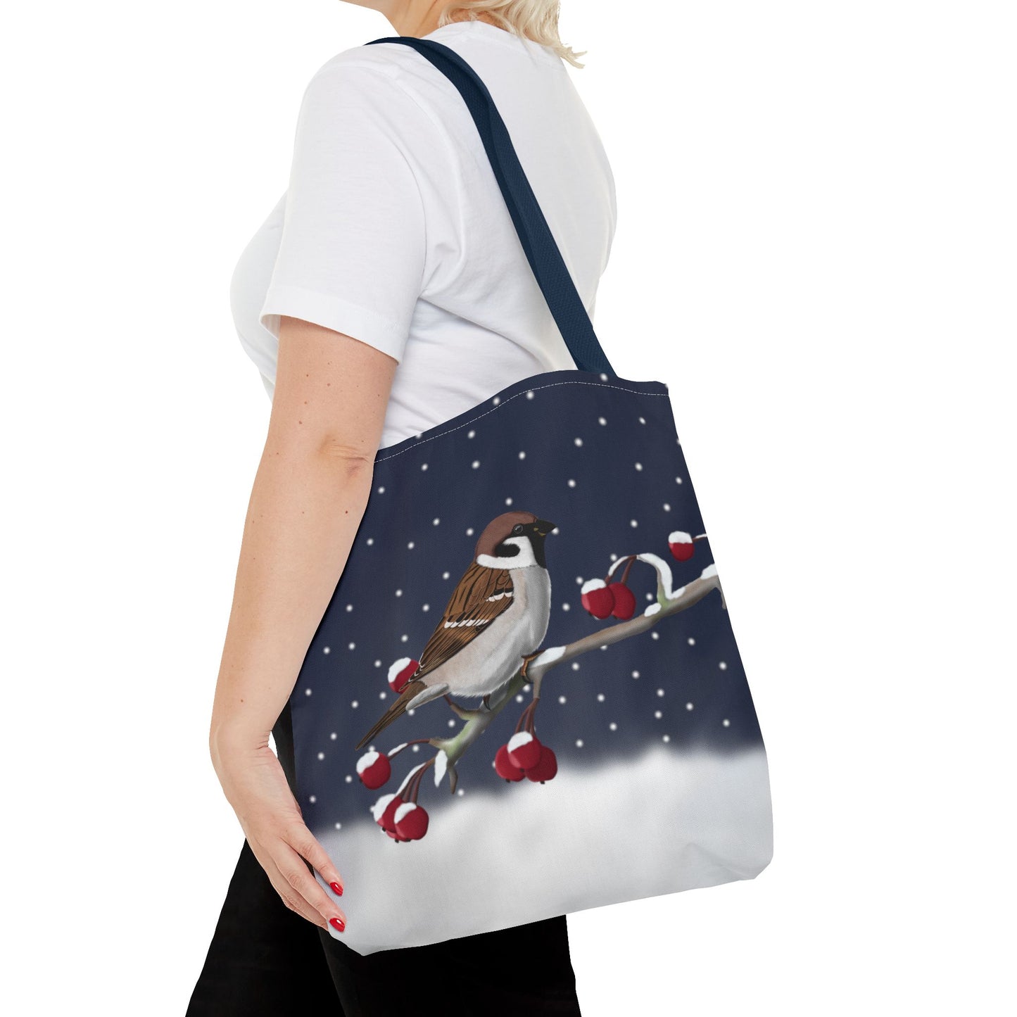 Tree Sparrow on a Winter Branch Christmas Bird Tote Bag 16"x16"