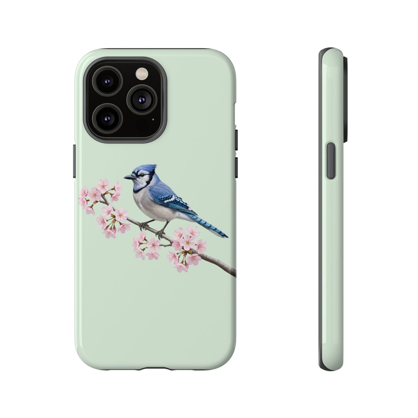 Blauhäher Handyhülle in Salbeigrün | Florales Kirschblüten Vogel-Motiv für iPhone & Google Pixel