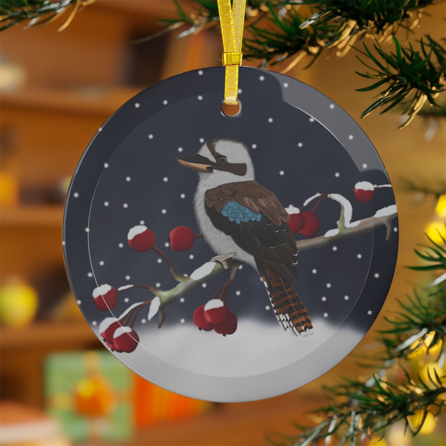 Kookaburra on a Winter Branch Christmas Bird Glass Ornament