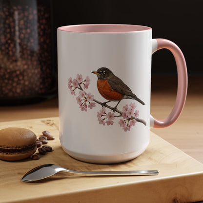 American Robin Cherry Blossom Mug | Pink Ceramic Coffee Cup for Bird Lovers