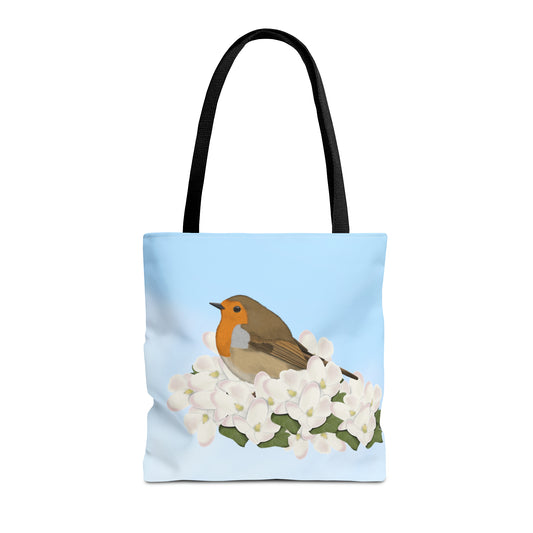 Robin in Spring Blossoms Bird Tote Bag 16"x16"
