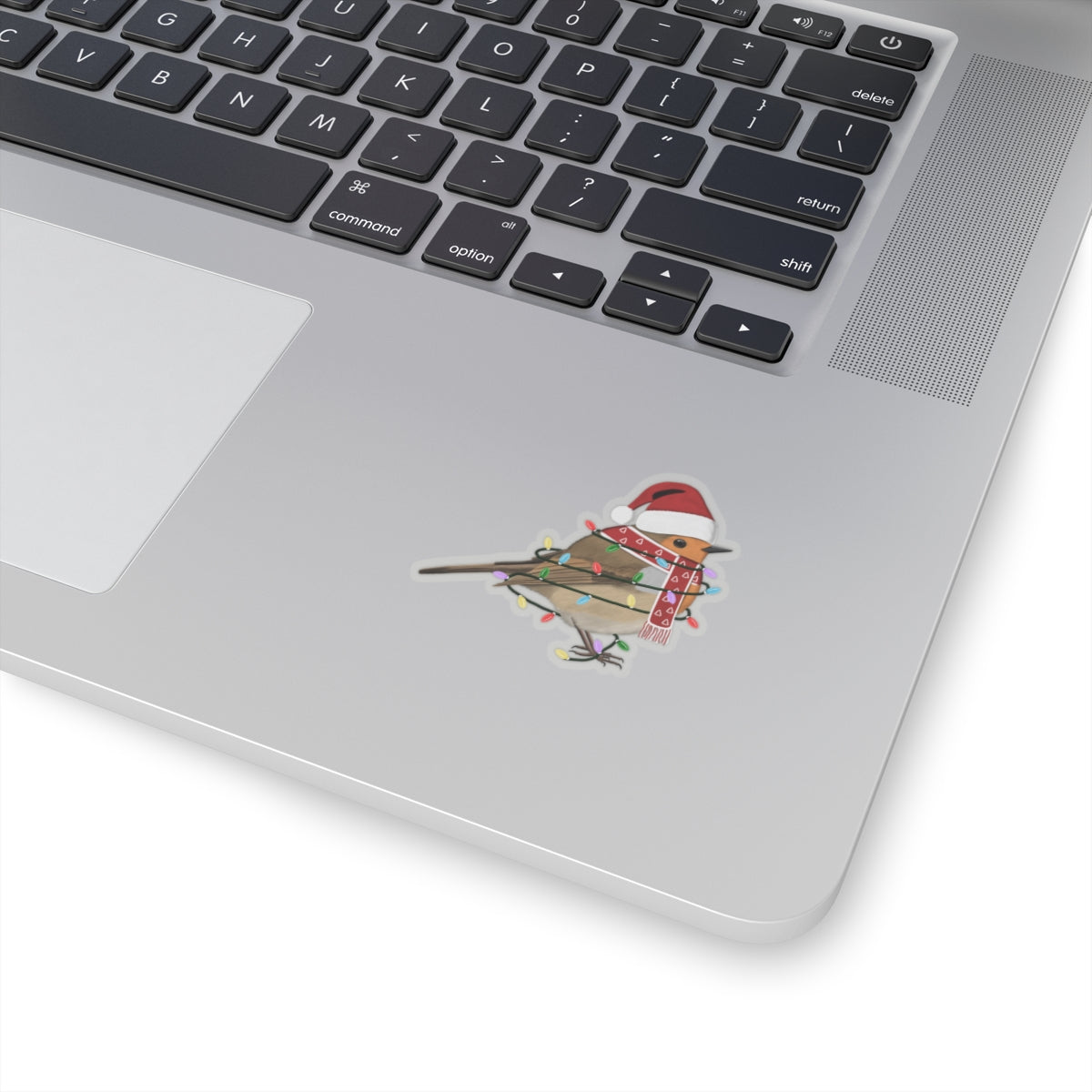 European Robin with Fairy Lights Santa Claus Hat and Scarf Christmas Bird Sticker