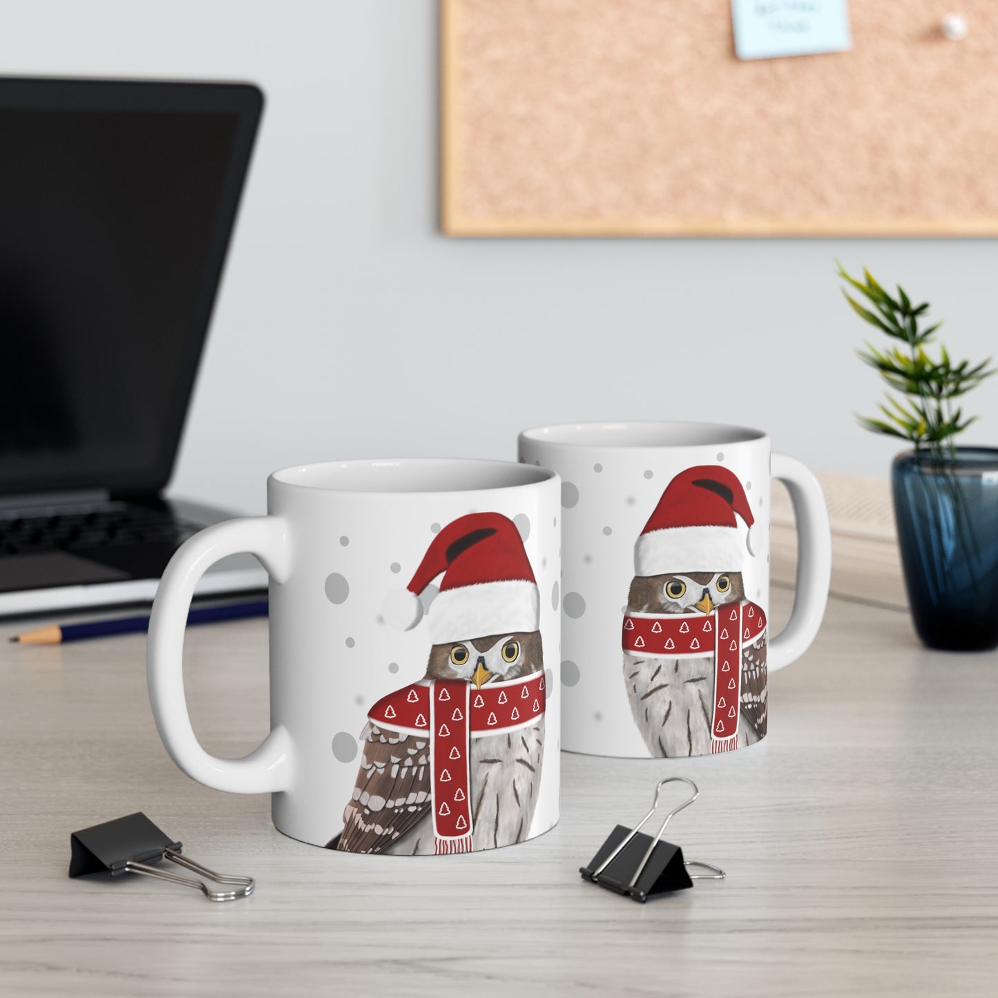 Owl with Red Santa Hat and Scarf Christmas Bird Ceramic Mug 11oz