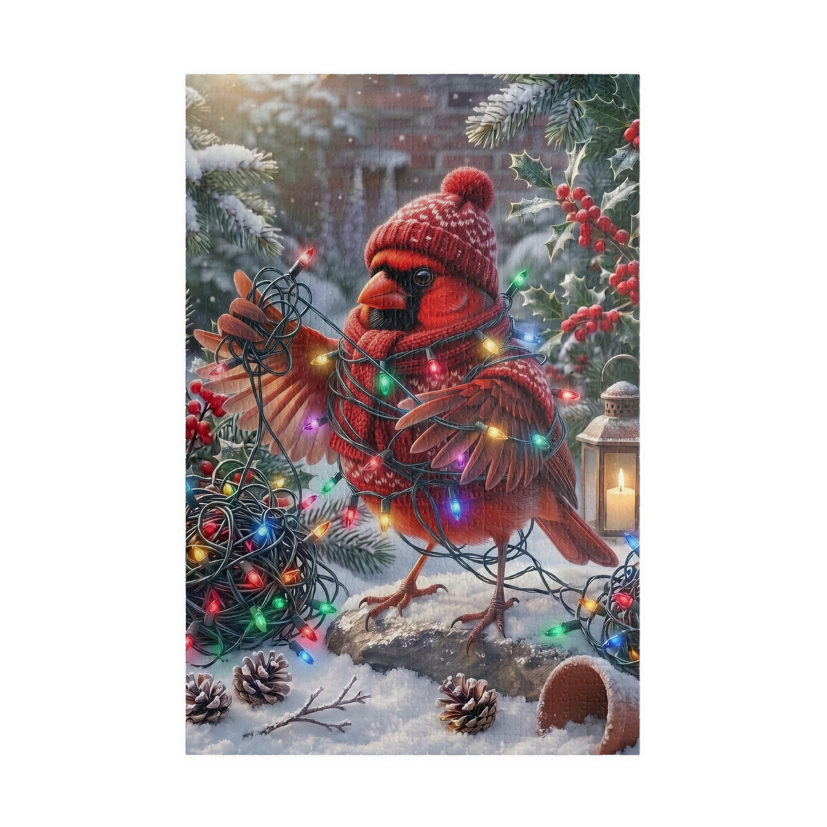 A festive winter puzzle of a northern cardinal wearing a knit red hat and scarf, wrapped in multicolored Christmas lights, standing in snow with pinecones, holly, and a lantern.