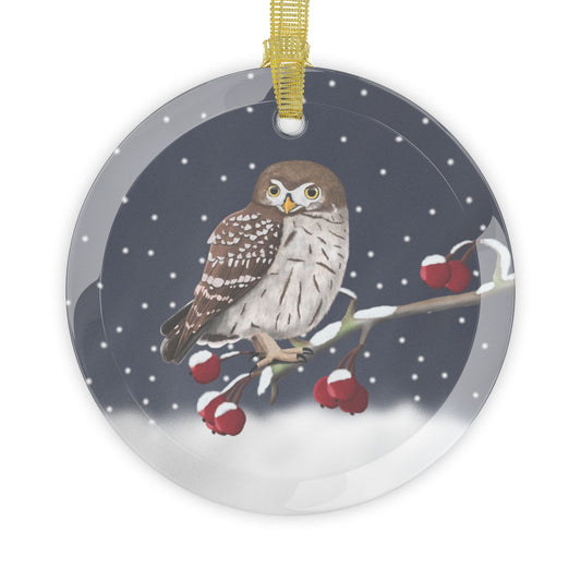 Little Owl on a Winter Branch Christmas Bird Glass Ornament