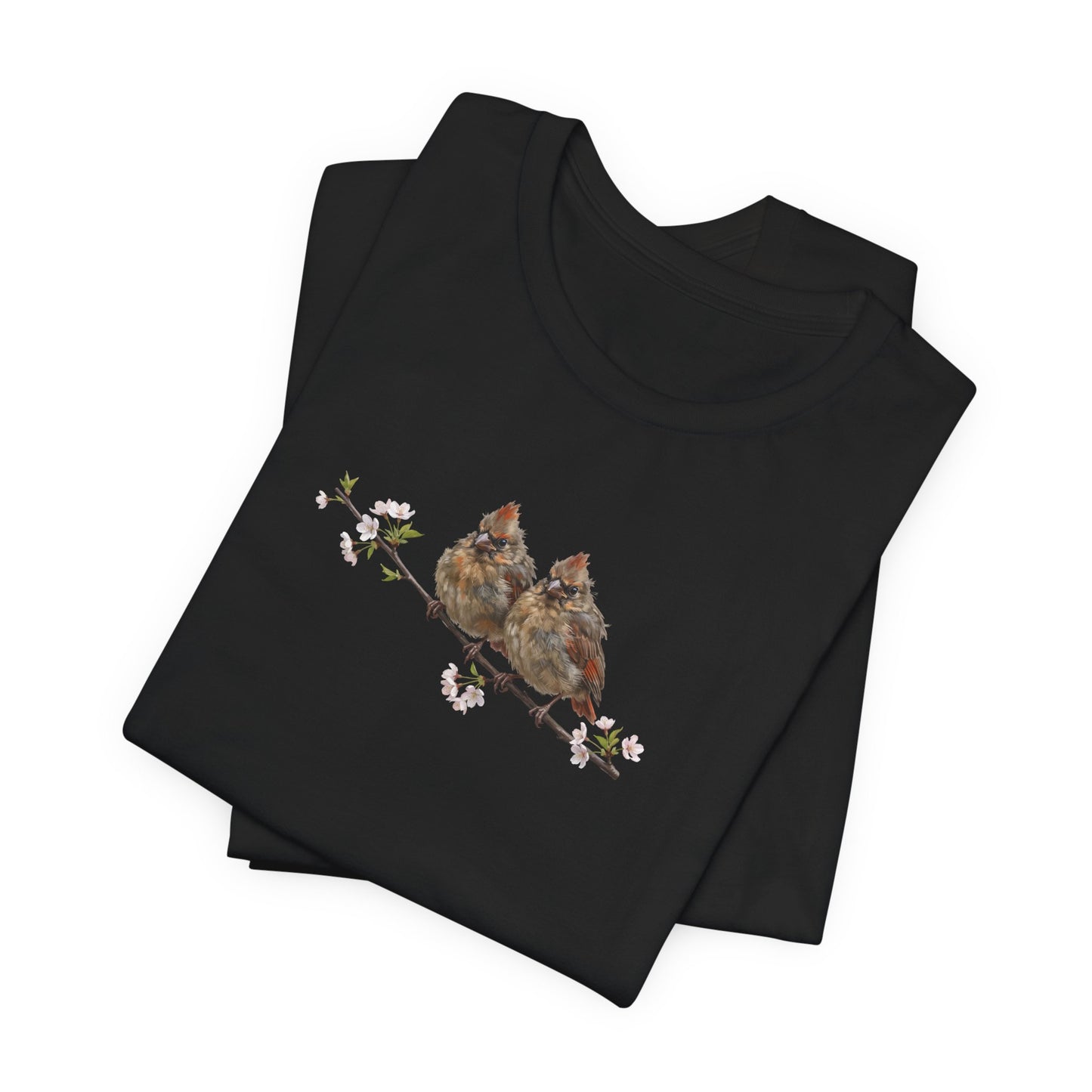 Cardinal Fledgling T-Shirt | Spring Blossoms Unisex Graphic Tee for Bird Watchers