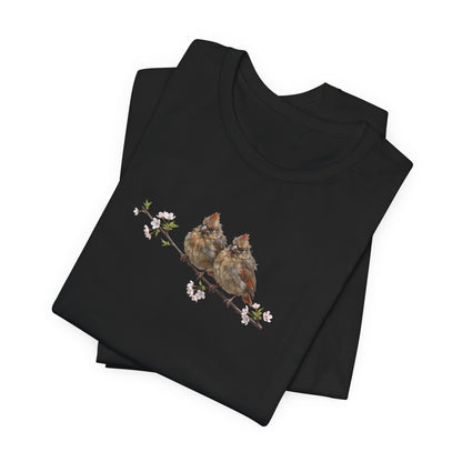 Cardinal Fledgling T-Shirt | Spring Blossoms Unisex Graphic Tee for Bird Watchers