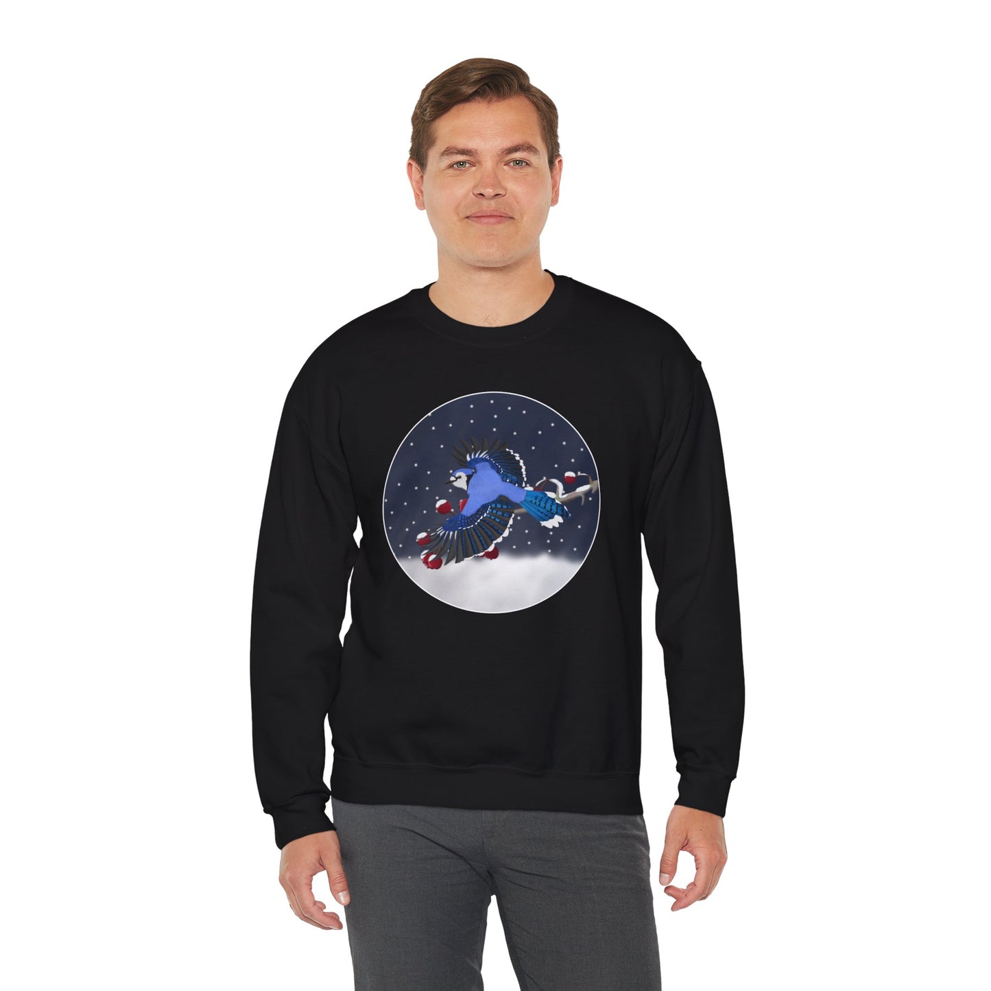 Blue Jay on a Winter Branch Birdwatcher Christmas Bird Sweatshirt