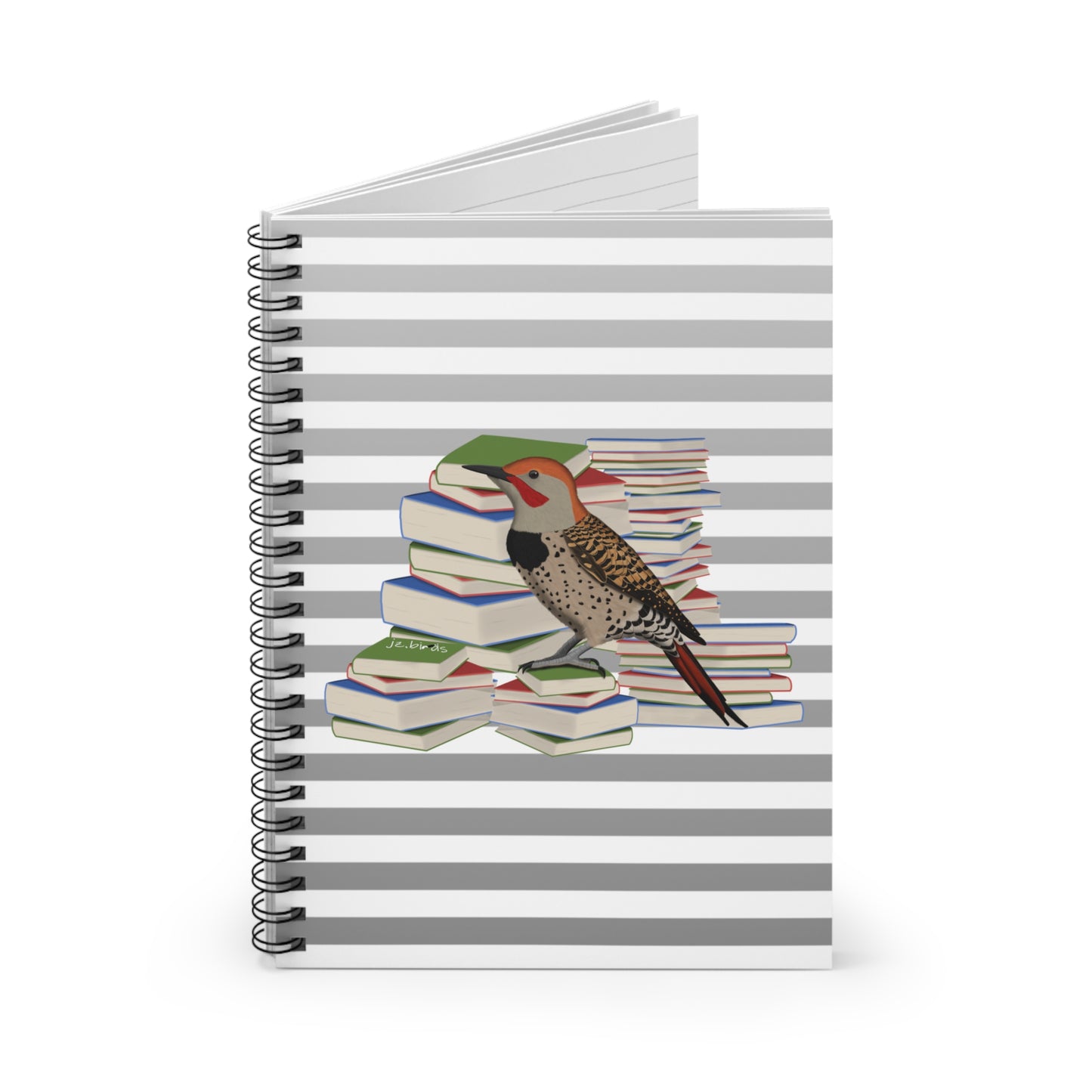 Northern Flicker Bird with Books Birdlover Bookworm Spiral Notebook Ruled Line 6" x 8"