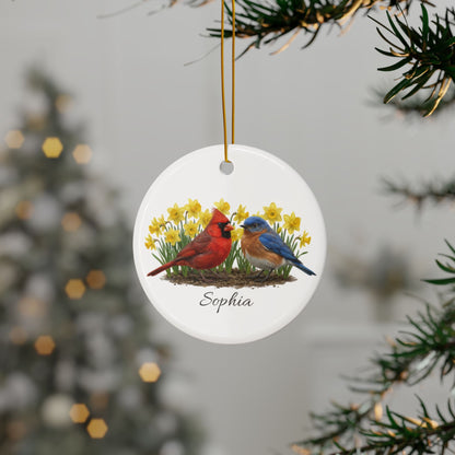 Personalized Cardinal and Bluebird — Custom Name Ceramic Easter Basket Tag & Ornament