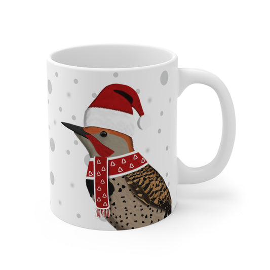 Northern Flicker with Red Santa Hat and Scarf Christmas Bird Ceramic Mug 11oz