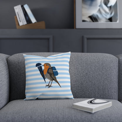 Rotkehlchen mit Schultüte Vogel Kissen – Dekokissen mit Vogelmotiv zur Einschulung Blau