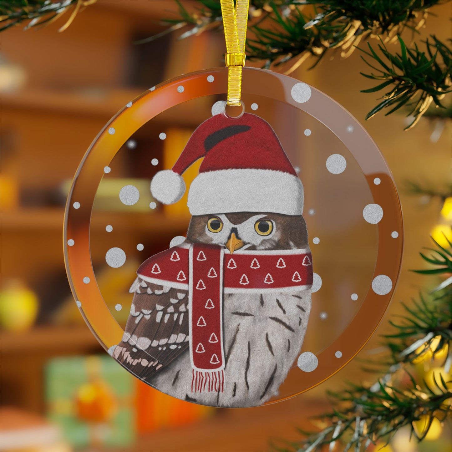 Owl as Santa Claus Christmas Bird Glass Ornament Transparent