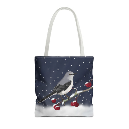 Mockingbird on a Winter Branch Christmas Bird Tote Bag 16"x16"